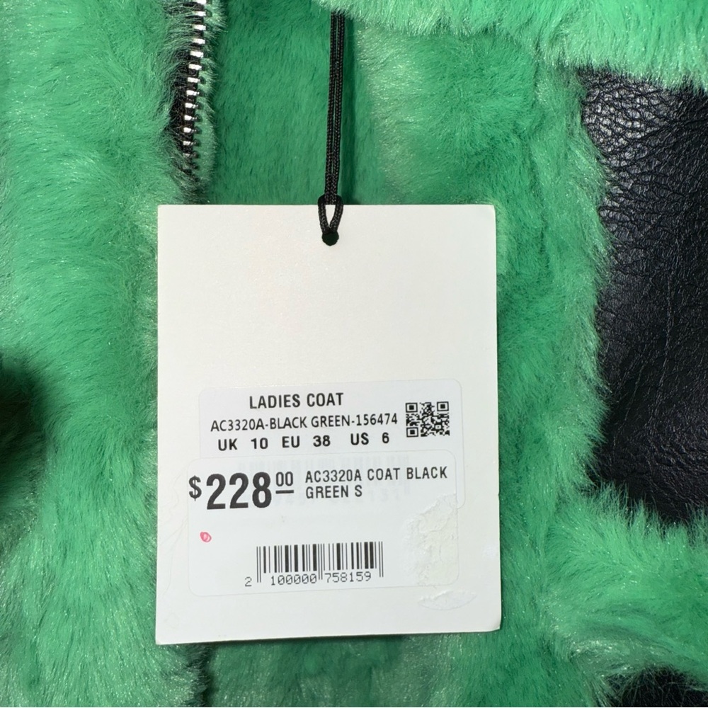Glamorous Black Green Cropped Shearling Trim Vegan Leather Coat Size 6 - Picture 12 of 13